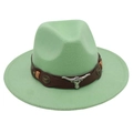 Close-up of brown leather band with silver bull head metal accessories on green felt hat - One Size(Adjustable) / Green