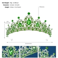 Detail of silver bridal crown with green rhinestones and precise dimensions shown - Silver + Light Green