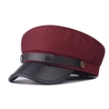 Detail of burgundy flat top hat featuring a black PU leather brim and bronze metal buckle - M (56-58cm) / Cotton Wine Red