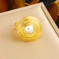Golden multi-layer textured ring with a large center pearl on a jewelry box - Ring (R498)