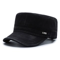 Classic black washed cotton flat top army cap with vintage texture and metal S Sport logo - Black