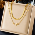 Elegant 18K gold-plated double-layer stainless steel necklace with bird charm and beads - Snake Chain Symbol Combination Double Layer Style (N2485)