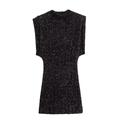 Elegant sleeveless black sequin mini dress with a high neck and padded shoulders - XS / Black