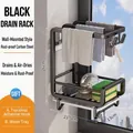 Wall-mounted black carbon steel kitchen organizer for sponge and towel drying rack - Upgraded Thickened Wall Mounted With Hooks / Black