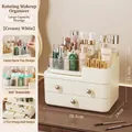 Creamy white rotating makeup organizer with tiered compartments and three storage drawers - Triple-Layer Rotating Drawer Style / Cream White