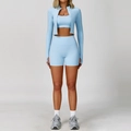 Three-piece light blue yoga set featuring zipper jacket, sports bra and high-waisted shorts - Long Sleeve + Bra + Shorts Sky Blue