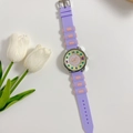 Detail of purple silicone strap with pink squares and Snoopy cartoon on kids watch - Snoopy Pattern / Purple