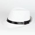 Detail of white straw fedora hat featuring a black leather band and silver metal buckle - 58cm (Adjustable) / White with Black Belt