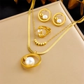Elegantes goldenes Perlenschmuckset mit zweilagiger Halskette, Ring und Ohrringen - Halskette Ohrringe Ring Set (N3096 E6172 R495)