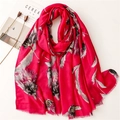 Elegant red cotton linen scarf with gold foil feather prints and fringe edges for women - Rose Red