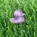 Carved natural amethyst gemstone duck figurine displayed on green grass - Phosphosiderite