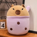 Plush Capybara toy in a purple bubble tea cup design sitting on a wooden shelf - Purple / 30cm