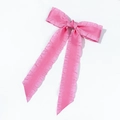 Close-up of pink ruffle edge satin bow hair clip with elegant long hanging ribbons - Rose Red