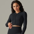 Seamless black ribbed yoga set featuring a long sleeve zipper top and high waist leggings - S / Top And Bottom / Black