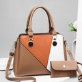 Brown and orange geometric color-block tote bag set with matching small wallet pouch - Handbag And Pouch (Khaki) / Khaki