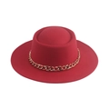 Classic red wool felt fedora hat featuring a stylish thick gold chain link decoration - Chain / Red