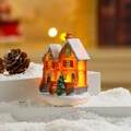 Glow-in-the-dark orange Christmas house ornament with LED light and fake snow detail - Style 302-1 G (Orange House)