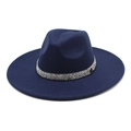 Detail view of navy blue fedora hat with sparkling silver rhinestone band and metal logo - M (56-58cm) / Navy Blue