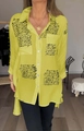 Women's yellow long-sleeve shirt featuring black cursive script lettering print - S / Tops / Yellow