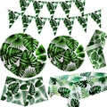 Hawaiian tropical leaf party tableware set with paper plates, cups and napkins - Hawaiian Leaves / Plates Cups Napkins Tablecloth Banner Set