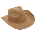 Detail of hand-woven straw cowboy hat texture with pinched crown and wide brim - Khaki