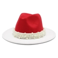 Red and white two-tone wool felt jazz hat decorated with white faux pearls - M (56-58cm) / Bright Red Patchwork White