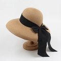 Elegant natural straw sun hat featuring a wide black satin bow and a foldable design - Adjustable / Light Coffee