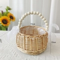 Handwoven wicker flower basket with wooden bead handle and white organza bows - Wood Beads Gauze Decoration / Diameter 15x10cm