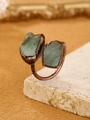 Macro shot of vintage bronze adjustable ring with irregular green natural fluorite stones - Adjustable Open / Double Green Fluorite