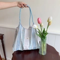 Blue floral patchwork canvas tote bag with rustic rope handles in sweet Korean style - Striped Branch
