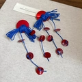 Ethnic handmade earrings with red shell discs and blue cotton tassels on linen - Long Tassel Braided (HE26921) / Red Blue
