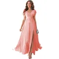 Elegant peach chiffon bridesmaid dress with V-neck, ruffle sleeves, and high leg slit detail - US size 2 (S) / Bottoms / Pink