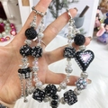 Handmade beaded keychain with black rhinestones, silver charms and pink heart pendant - Black Silver Hollow Pattern Tassel Style (A5-O)