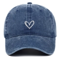 British style vintage washed denim baseball cap with heart embroidery and curved brim - Adjustable / Navy Blue
