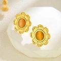 Elegant gold flower stud earrings featuring textured petals and a yellow cat eye stone - Yellow Cat Eye Radial Flower