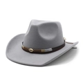 Detail of wool fedora hat with brown leather band and golden shell metal decoration - M (56-58cm) / Gray