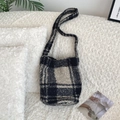 Furry shoulder bag with black and white plaid pattern in soft fleece material - Lamb Fleece Large Grid Black