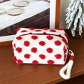 Plush makeup bag with red 3D polka dots on cream fur and large handle strap - Handheld White Woolen Polka Dot