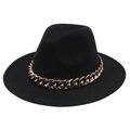 Classic black wool fedora hat featuring a chunky rose gold acrylic chain link band - Black