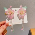 Pair of pink flower hair clips with long white pearl tassels and mint green leaf accents - 66# Single Pink Flower Pair
