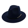 Navy blue wool fedora hat featuring a black leather band and gold metal chain accent - Navy Blue