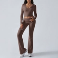 Women's slim fit brown knit two-piece set featuring V-neck long sleeve top and flare pants - 2XL / Brown