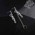 Vintage punk silver skull earrings with asymmetrical long chains and ear bone clips - Asymmetric Long Chain Skull (2778) / Antique Silver