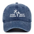 Detail der Saint Barth Palmen-Stickerei auf der gewaschenen blauen Baseballkappe - Marineblau