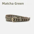 Vintage braided matcha green leather belt with bronze metal buckle for women - Matcha Green / 105cm