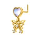 Detail van 18k vergulde L-vormige neuspiercing met hartsteen en vlinderhanger - Holle Vlinder Hanger Neuspiercing