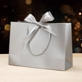 Silver matte gift paper bag with satin bow and braided handle for premium packaging - Bowknot Decoration Style / 19x15x7cm / Silver Gray