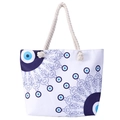 White canvas beach tote with blue evil eye pattern and nautical hemp rope handles - White Mandala Eye (7)