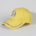 Close-up of yellow denim baseball cap with rhinestone letter D and decorative stripes - Style 24-Yellow Rhinestone Letter D