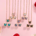 Parure papillon dorée avec collier en cristal bleu et boucles d'oreilles assorties - Ensemble Collier Boucles d'Oreilles Papillon Bleu (BD020 Set-Blue)